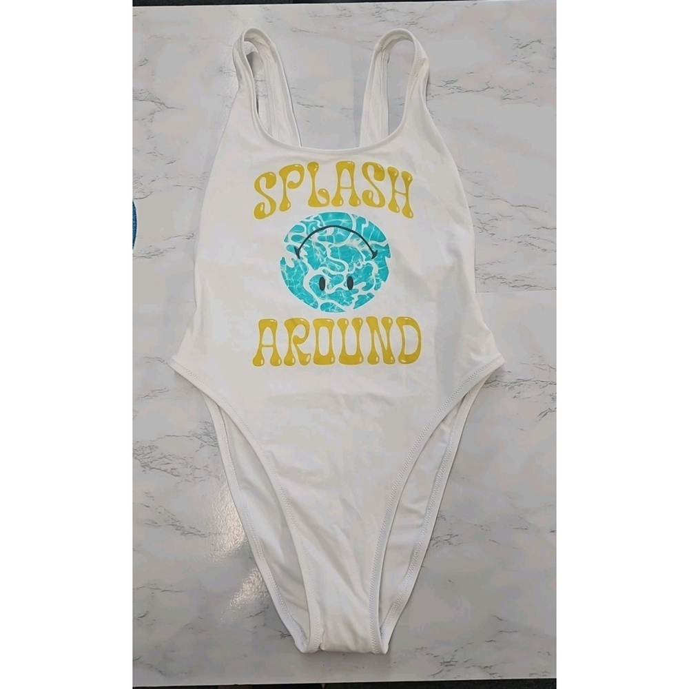 Aerie White One Piece Swimsuit with Yellow and Blue Print